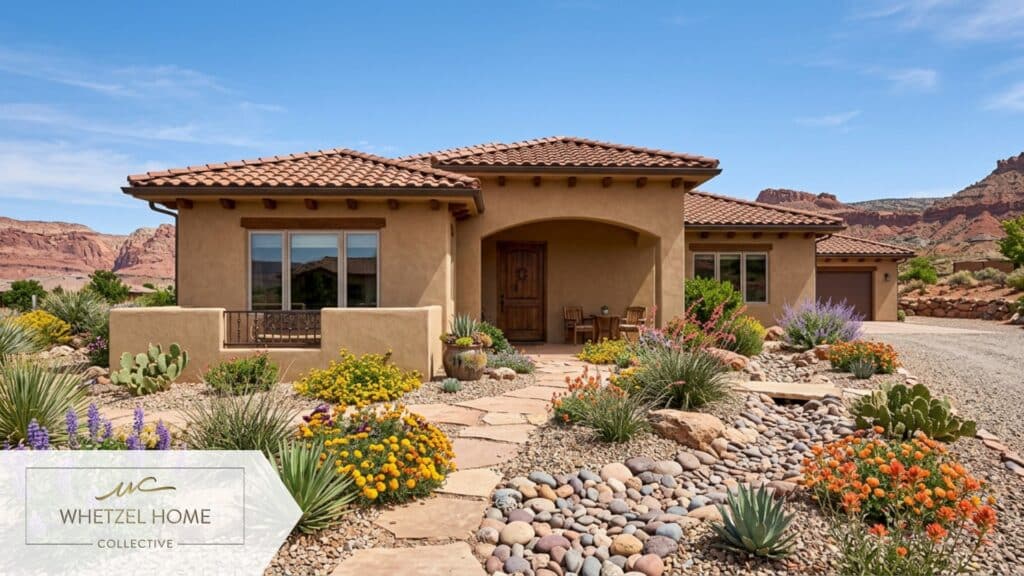 A beautiful single-story Southwestern-style home in Utah with tan stucco walls and a terracotta tile roof, featuring meticulous drought-tolerant xeriscape landscaping with blooming desert plants and smooth river rocks, clear blue sky, bright natural daylight, photorealistic architectural photography.