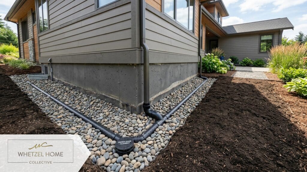 A detailed ground-level exterior view of a modern house foundation showcasing high-quality water mitigation features, including an exposed modern French drain system embedded in decorative river rock, neatly graded soil sloping away from the concrete foundation, bright daylight, photorealistic home improvement photography style.
