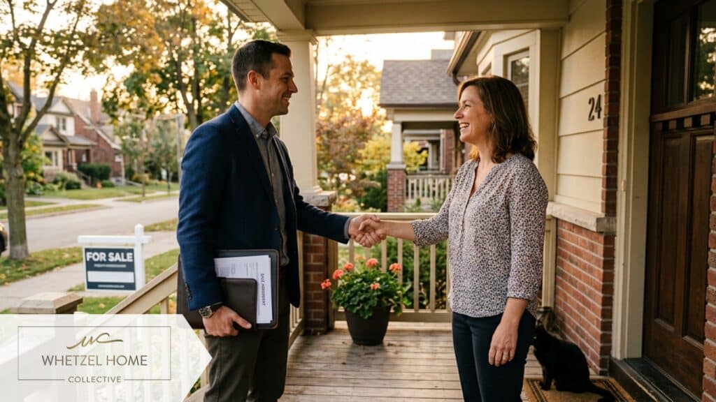 A medium shot of a casual but professional real estate investor shaking hands with a relieved homeowner on the front porch of a suburban house. Golden hour sunlight, natural realistic style, conveying a sense of agreement and a fast cash transaction.