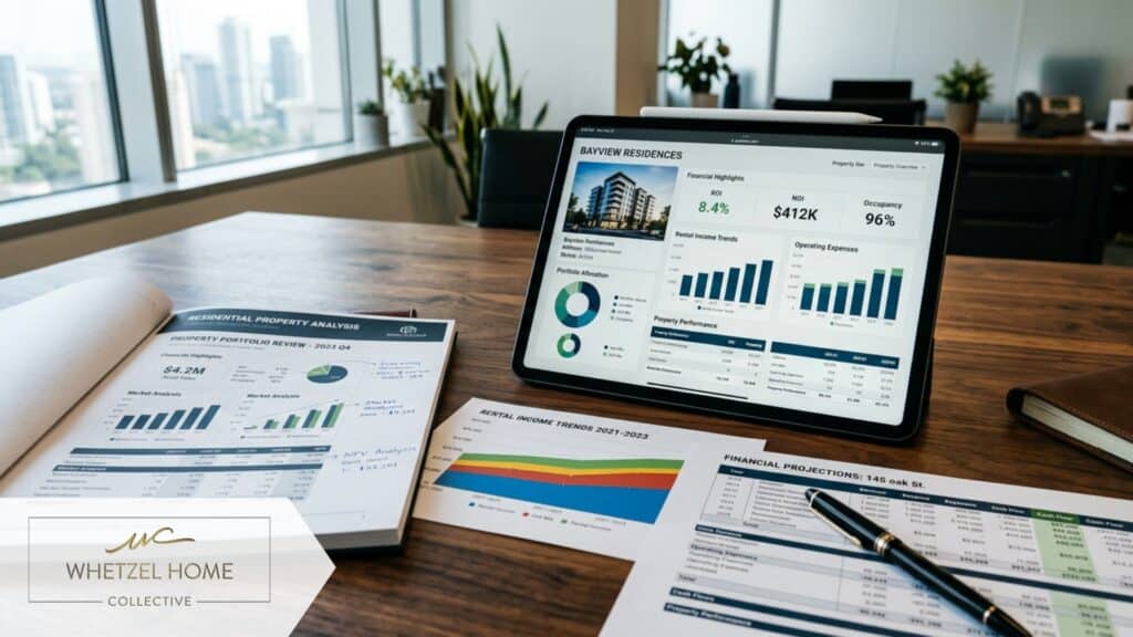 Close-up of professional real estate documents, financial charts, and a tablet displaying a property dashboard on a sleek wooden desk, soft natural window light, warm and professional atmosphere, photorealistic, highly detailed.