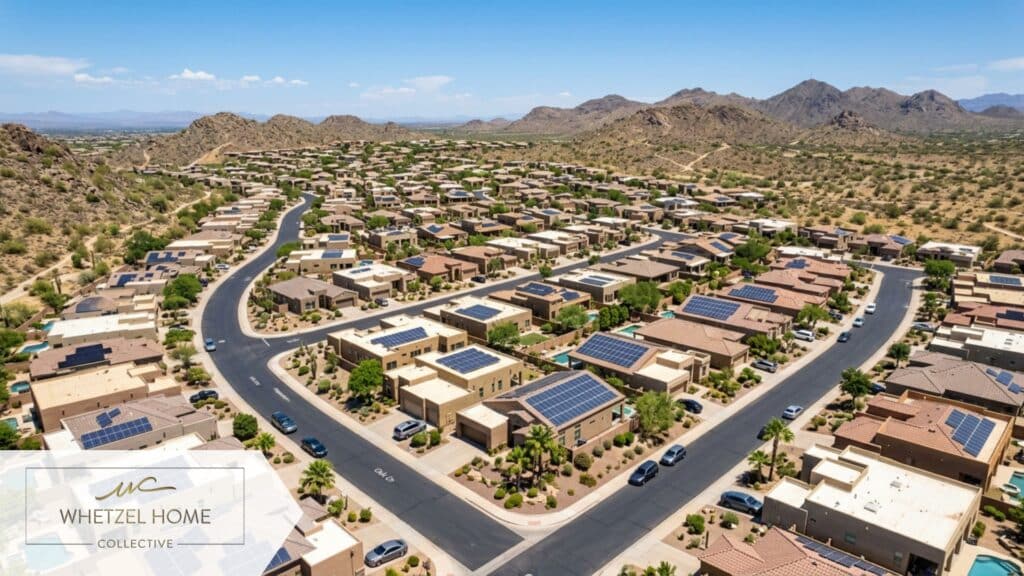 An aerial drone shot of a suburban residential neighborhood in the desert Southwest with multiple houses sporting modern solar panel arrays, clear sunny day, photorealistic, vibrant true-to-life colors, sharp details.