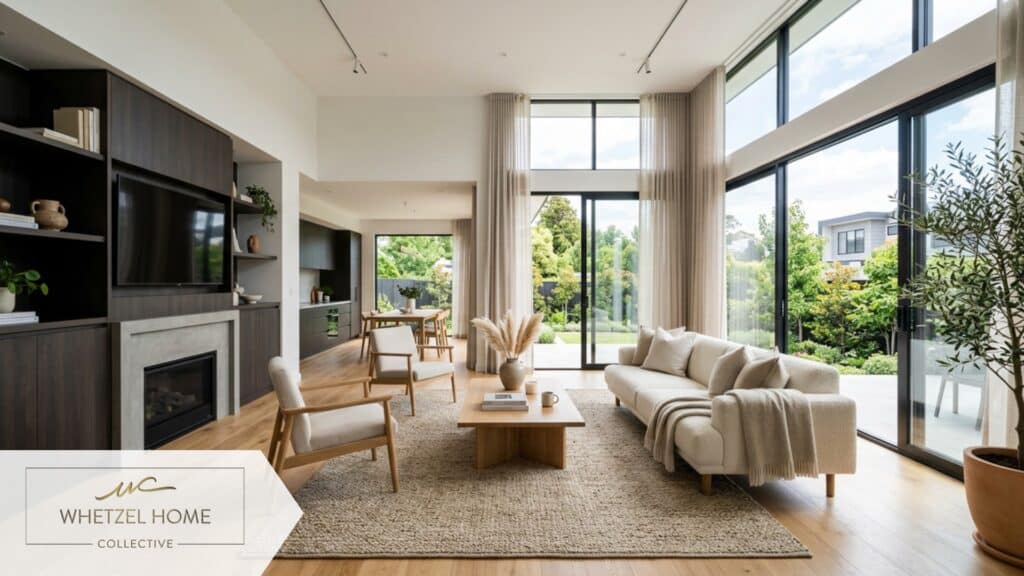 A modern living room interior in a newly built residential home, featuring large floor-to-ceiling windows letting in bright daylight, neutral warm tones, minimalist staging furniture, pristine condition, photorealistic architectural photography.