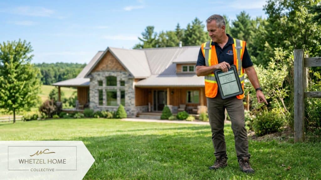 A professional home inspector in a high-visibility vest examining a property's yard, holding a digital tablet, standing on green grass with a beautiful rural home blurred in the background, bright daylight, photorealistic, professional service aesthetic.