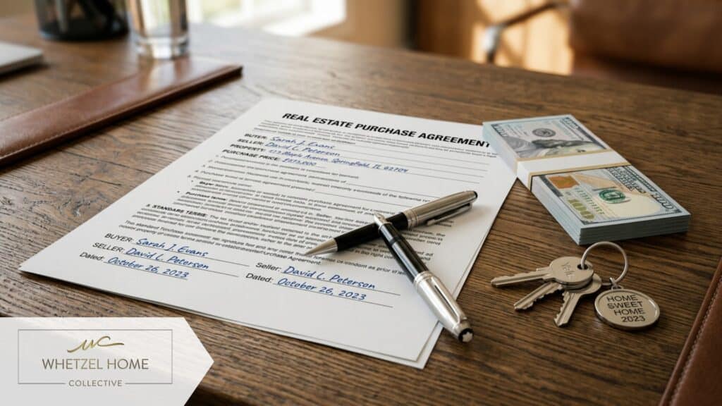 A close-up photorealistic image of a wooden desk featuring an official-looking real estate contract with a pen resting on it. Next to the document is a set of house keys and a small stack of one hundred dollar bills. Soft indoor office lighting, shallow depth of field, professional mood.
