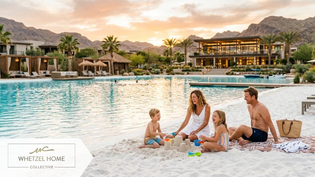 A family enjoying a white sand beach next to a large crystal-clear lagoon in a desert resort setting, modern resort-style cabanas and a contemporary clubhouse in the background, golden hour lighting, photorealistic, warm and inviting mood.