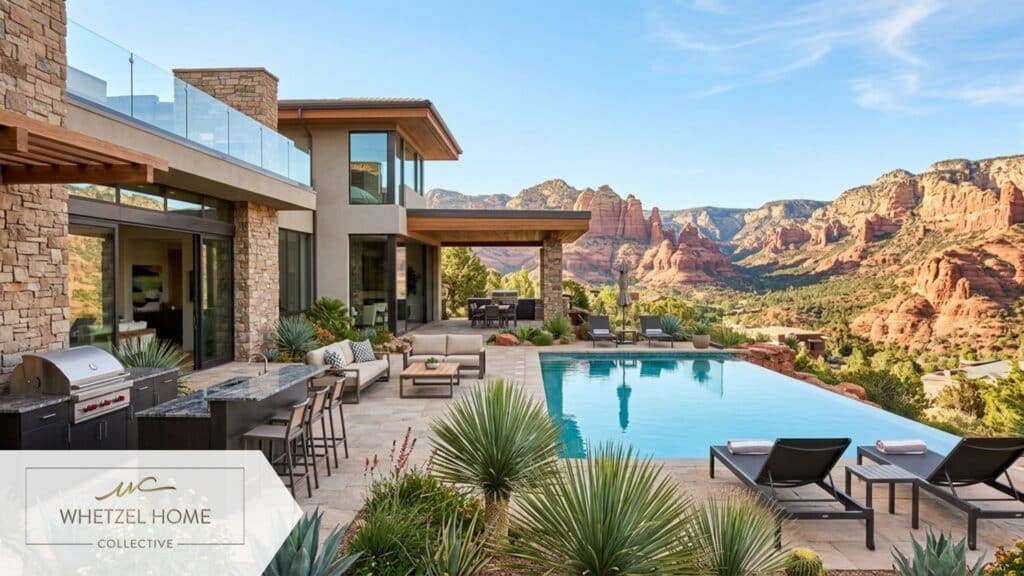 A beautifully landscaped backyard of a modern desert villa featuring a pristine infinity edge pool that visually blends into the stunning red rock canyon background. The patio includes a sleek outdoor kitchen, modern lounge furniture, and a clear blue sky. High-end luxury real estate photography, bright and airy.