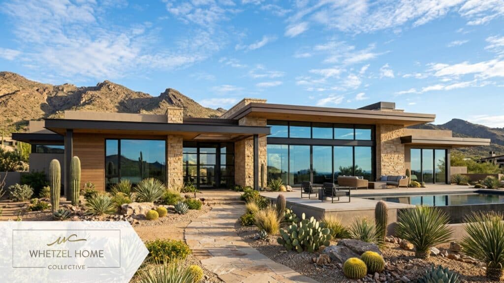 A luxurious single-story desert modern home with xeriscape landscaping featuring native plants and rocks, large dark-framed windows reflecting a bright blue sky, high-end architectural photography, photorealistic, warm natural lighting