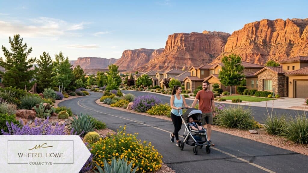 A scenic, paved multi-use walking trail winding through a beautiful residential neighborhood in Southern Utah. Young parents pushing a modern stroller, desert landscaping with blooming flora, upscale suburban homes in the background, towering red cliffs in the distance, sunny blue sky, golden hour lighting, peaceful community atmosphere, photorealistic.