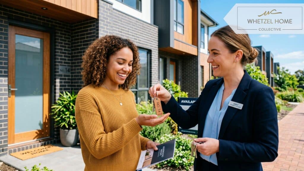 A close-up shot of a property manager handing a set of house keys to a smiling tenant in front of a modern townhome, sunny day, clear blue sky, highly detailed, optimistic mood, lifestyle photography.
