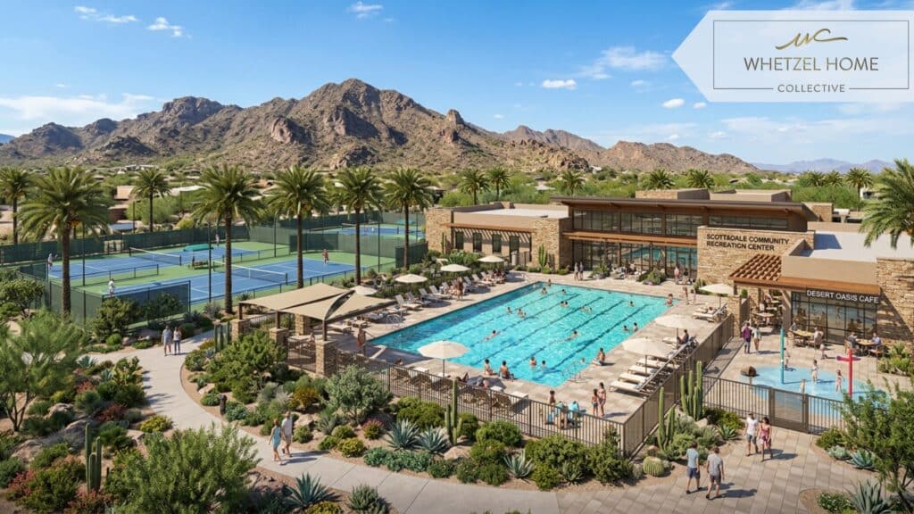 A vibrant community recreation center featuring a sparkling outdoor swimming pool and modern tennis courts, surrounded by palm trees and desert mountains, sunny day, highly detailed, photorealistic lifestyle architectural rendering.