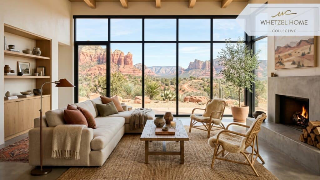 A bright, modern living room interior of a renovated home with large floor-to-ceiling windows overlooking a stunning red rock desert landscape, minimalist comfortable furniture, warm earth tones, photorealistic interior design photography.