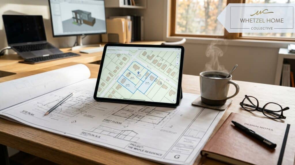 A close-up view of a modern office desk featuring architectural blueprints, a digital tablet displaying neighborhood maps and property boundaries, a pair of reading glasses, and a steaming cup of coffee. Warm natural light streaming through a nearby window, photorealistic, professional and clean aesthetic.