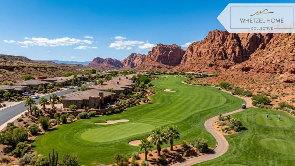 A pristine green golf course fairway winding through a residential neighborhood in a desert landscape. Rolling green hills contrasted against bright red sandstone cliffs and clear blue skies. A few single-family houses visible along the edge of the course. Mid-day lighting, vibrant colors, photorealistic, cinematic composition, high resolution.