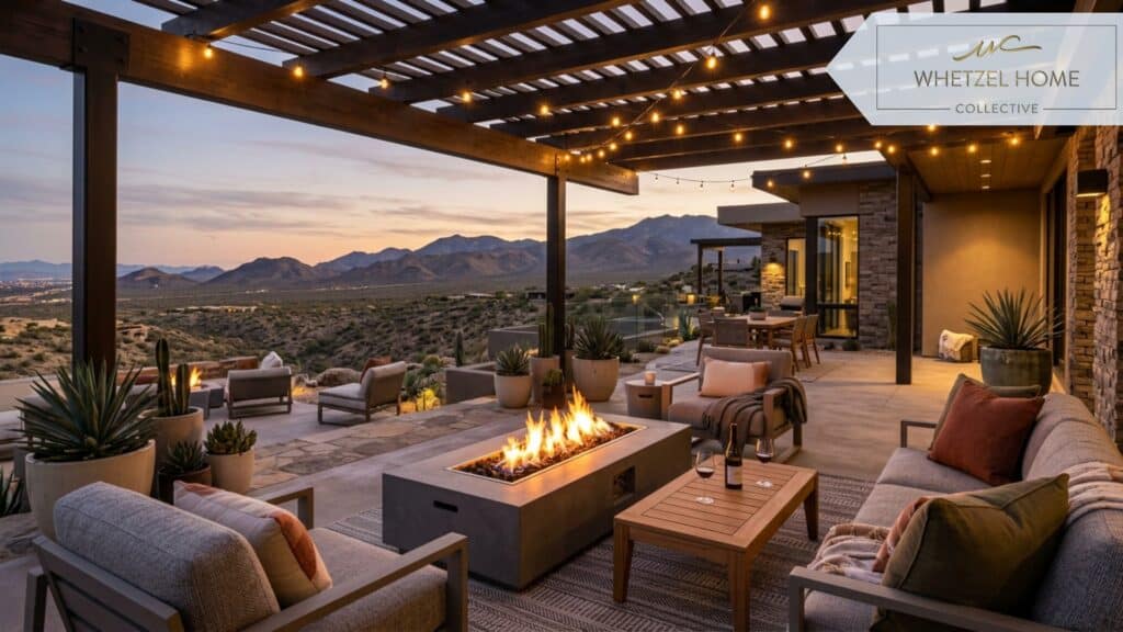 A close-up architectural shot focusing on a stylish outdoor patio of a luxury desert home. A sleek modern fire pit, comfortable lounge seating, and a slatted pergola, overlooking a sweeping scenic desert valley. Soft twilight lighting, warm string lights, cozy and inviting mood, photorealistic, 8k resolution.