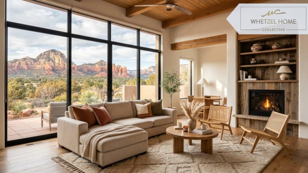 A cozy, well-lit modern living room in a Southwestern home, large floor-to-ceiling windows showing a view of distant red rock mountains, neutral color palette with warm wood accents and minimalist furniture, natural sunlight streaming in, photorealistic interior design photography