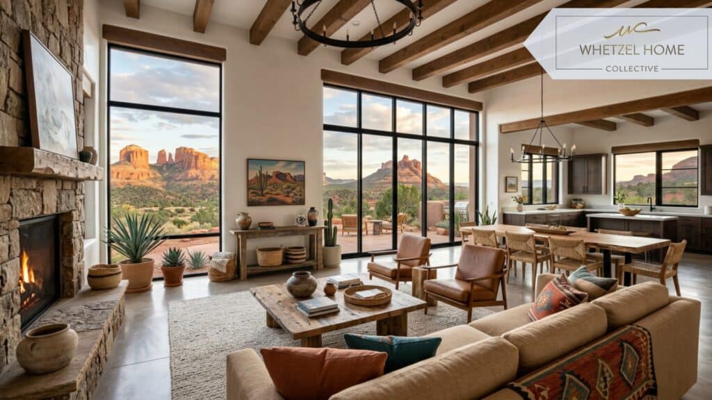 The interior of a bright, open-concept living room in a Southwestern home, featuring expansive floor-to-ceiling windows overlooking desert mesas, contemporary decor with warm earth tones, natural wood beams on the ceiling, 8k resolution, photorealistic real estate photography.