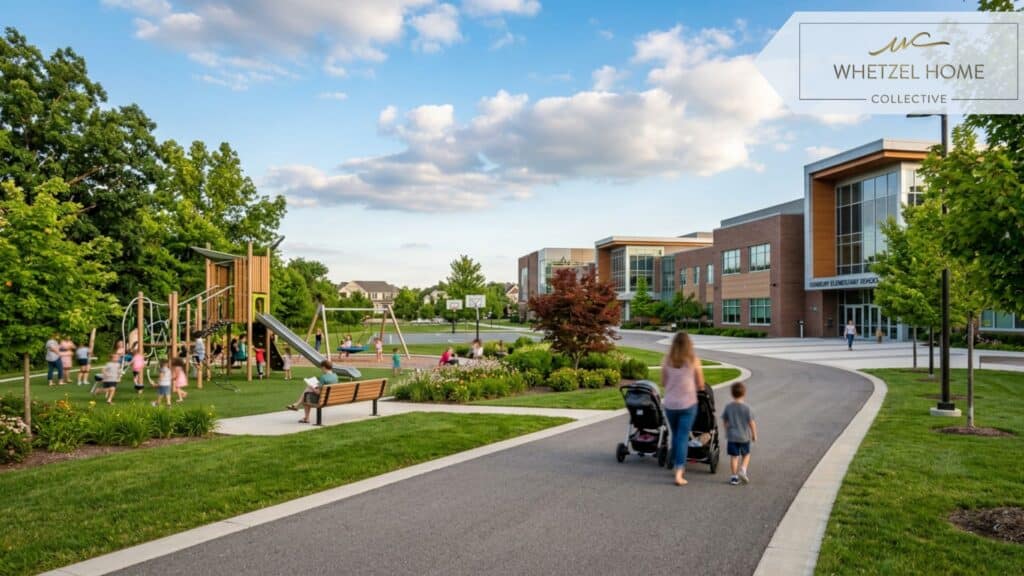A beautifully manicured suburban park directly adjacent to a modern school campus, featuring paved walking trails, contemporary playground equipment, blurred families walking in the background, bright blue sky, cinematic lighting, photorealistic.