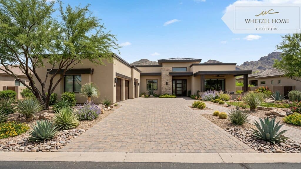 A beautiful contemporary southwestern style luxury home with a clean stucco exterior, dark trim, and a wide paver driveway. The front yard features manicured xeriscaping with decorative rocks, native desert plants, and agave. Bright sunny day, photorealistic architectural photography, inviting and elegant.