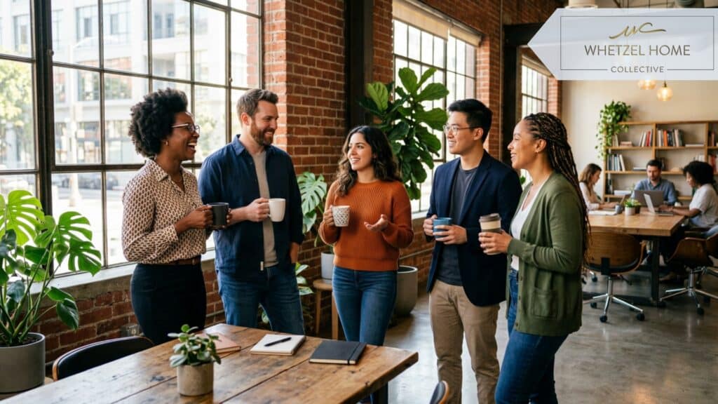 A diverse group of modern professionals chatting and holding coffee mugs in a brightly lit coworking space. The room features industrial design elements, exposed brick, large windows with natural sunlight, indoor plants, and comfortable modern furniture. Photorealistic, warm and inviting atmosphere, candid networking vibe.