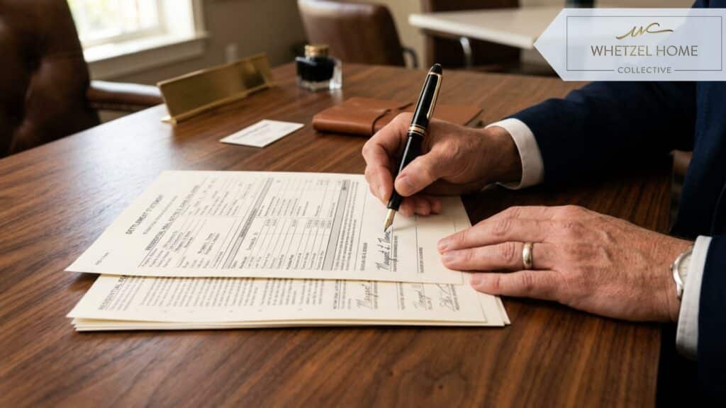 Close up of a person's hand signing official real estate closing documents with a luxury fountain pen, elegant wooden desk, warm lighting, professional business atmosphere, photorealistic.