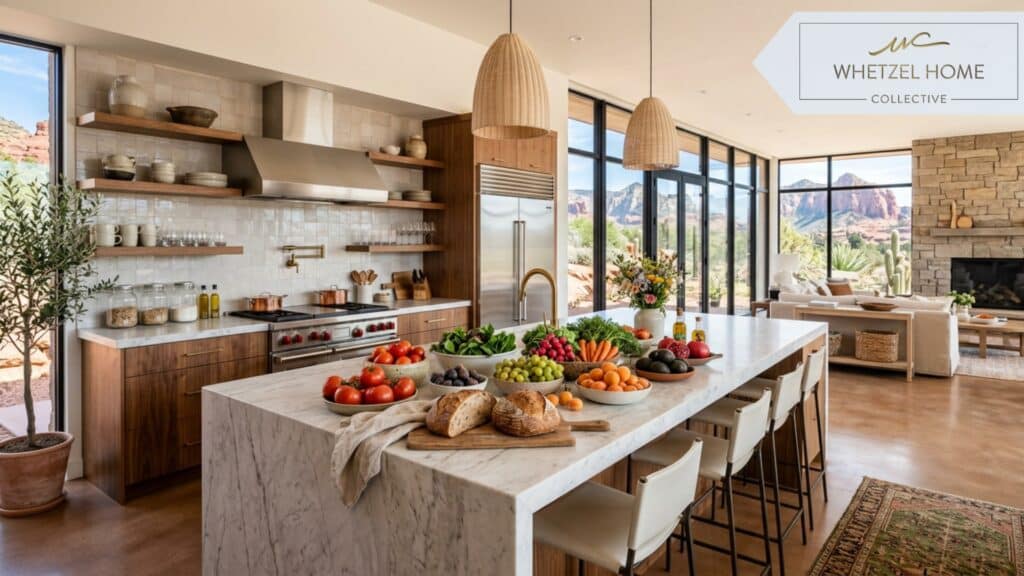 A beautifully staged, modern open-concept kitchen inside a luxury desert home, a large marble island featuring a vibrant display of fresh local produce and artisan bread, bright natural daylight streaming through large windows, clean and inviting aesthetic, photorealistic.