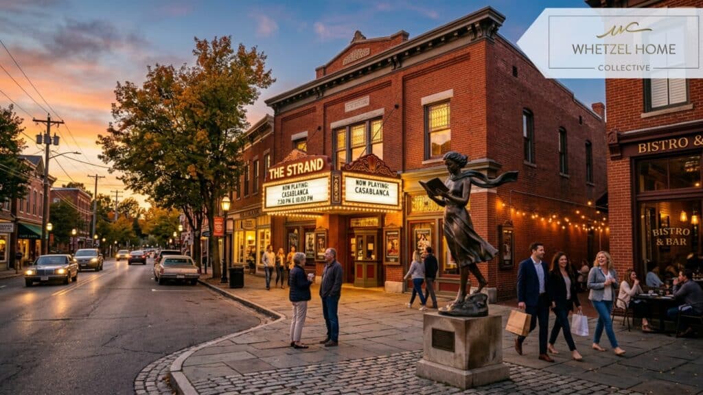 A picturesque historic downtown street corner at golden hour, featuring a classic brick building housing a boutique theater, a bronze public art sculpture on the sidewalk, pedestrians enjoying the evening, warm inviting glow, ultra-realistic.