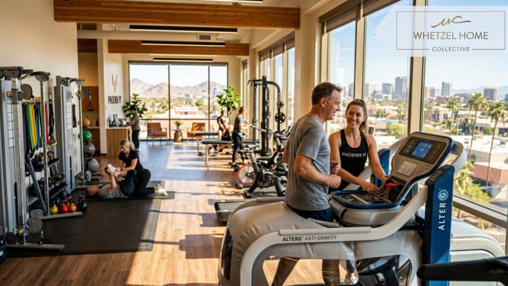 A friendly, modern physical therapy clinic with state-of-the-art exercise and rehabilitation equipment, large windows overlooking a bright desert city, warm and inviting atmosphere, photorealistic, shallow depth of field, natural sunlight.