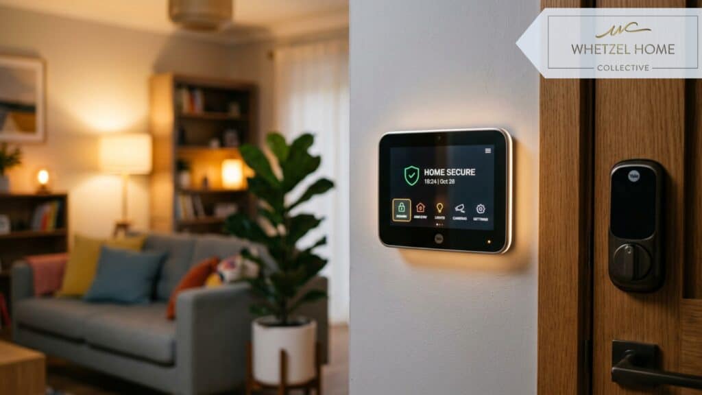 A close-up of a modern smart home security panel glowing softly on a wall near a wooden front door, with a blurred background showing a bright, welcoming and safe living room. Contemporary interior design, warm natural indoor lighting, photorealistic macro photography, secure mood.