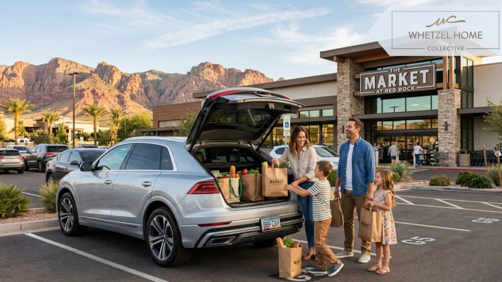 A photorealistic, lifestyle shot of a happy family loading brown paper grocery bags into the trunk of a sleek, modern SUV in a clean, spacious parking lot. The background showcases a stylized grocery store with modern desert architecture and stunning red mountains in the distance. Soft, warm sunlight, joyful and relaxed mood, high-end commercial photography style.