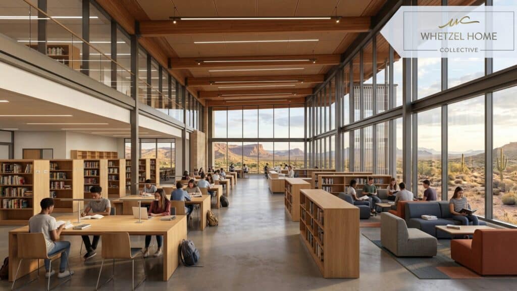 An architectural rendering of a modern high school library interior. Open concept design, floor-to-ceiling windows overlooking a desert landscape, students quietly studying at sleek wooden tables, comfortable lounge seating, warm interior lighting, photorealistic, clean lines, contemporary academic style.