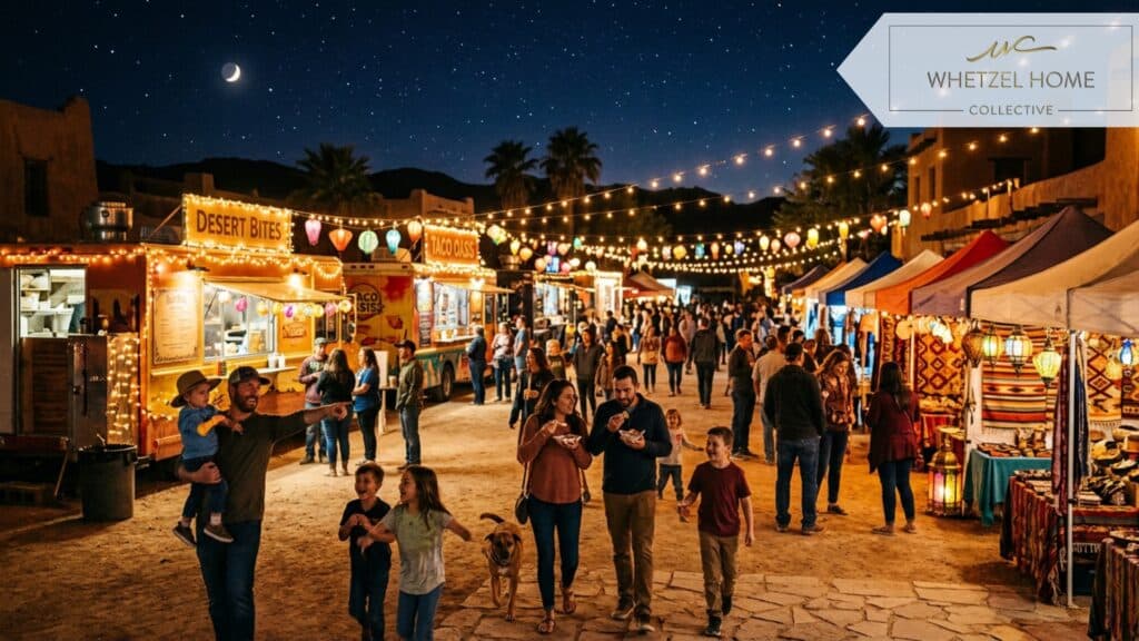 A lively outdoor night market in a desert town square under a starry sky. Twinkling string lights suspended above food trucks and vendor tents. Families walking and enjoying the cool evening air. Warm glow, vibrant colors, cinematic photography style.