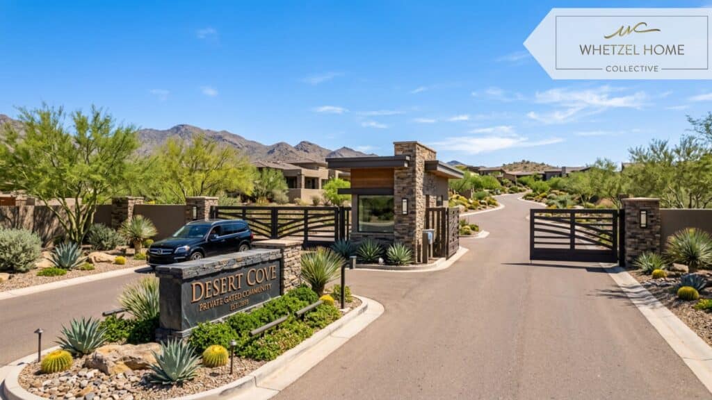 A welcoming gated entrance to an upscale desert community, manicured drought-tolerant xeriscape landscaping, modern stone signage, clear bright sunny sky, highly detailed architectural photography, photorealistic, clean and secure atmosphere.
