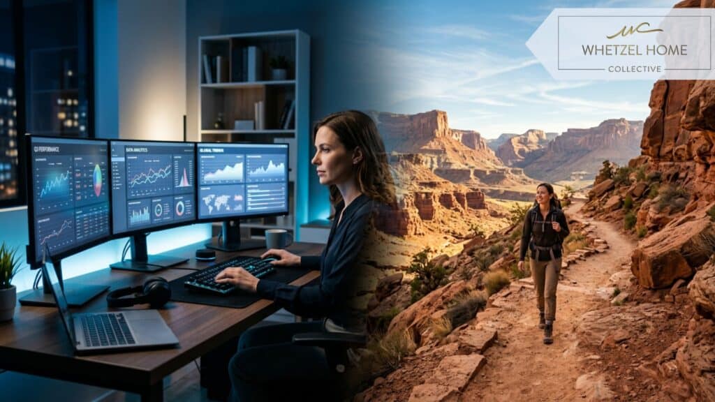A creative split-screen composite image. On the left side, a sleek, high-tech office desk with multiple monitors displaying data charts, bathed in cool blue and white light. On the right side, a breathtaking view of a red rock canyon trail in southern Utah bathed in warm sunlight. Seamless blending in the middle, cinematic lighting, 8k resolution, illustrating work-life balance.