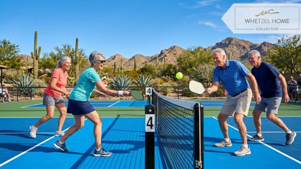 Four active seniors happily playing a doubles match on a bright blue outdoor pickleball court, dynamic action shot, sunny day, clear blue sky, wearing modern athletic wear, surrounded by native desert landscaping, photorealistic, joyful and energetic mood, sharp focus.
