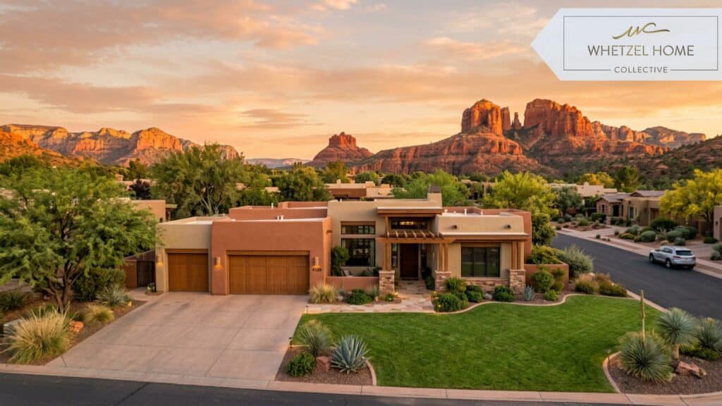 A beautiful, photorealistic exterior shot of a modern single-family home in a desert suburban neighborhood, featuring southwestern architecture, a manicured green lawn, a driveway, and scenic red rock mesas in the background at golden hour, warm sunset lighting.