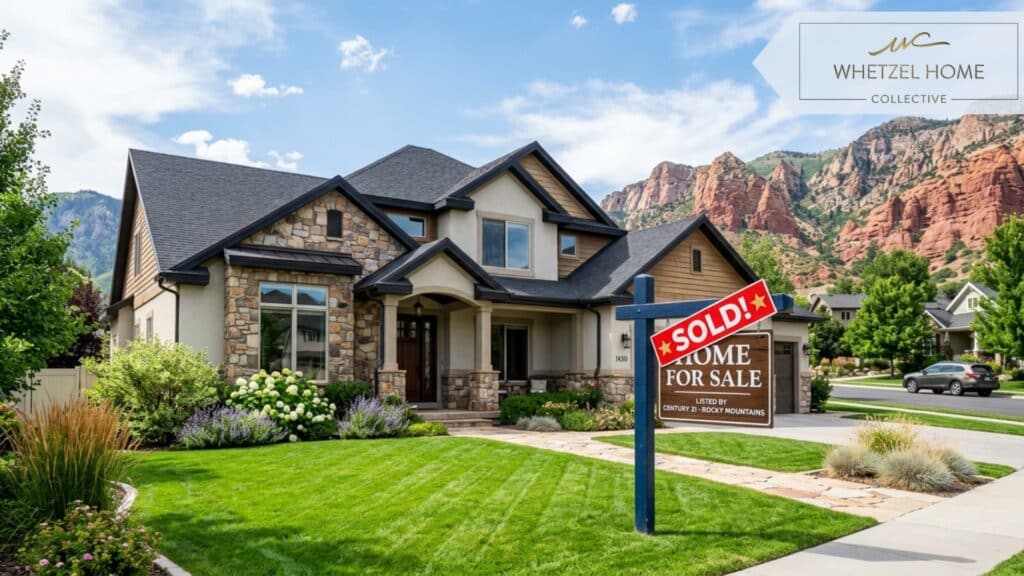 A photorealistic exterior shot of a beautiful suburban house in Utah with a classic real estate sign in the front yard displaying a large 'SOLD' banner, vibrant green lawn, towering red rock mountains in the background under a bright blue sky, optimistic and successful mood, high-end real estate photography.