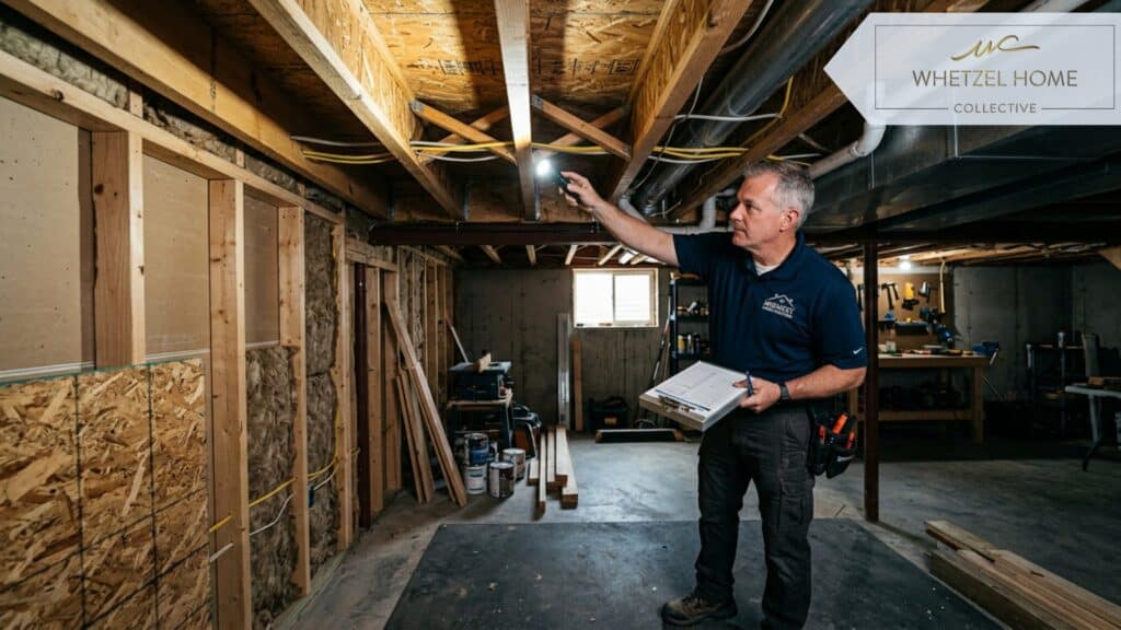 A highly detailed interior shot of a partially finished basement. A professional home inspector wearing a polo shirt and carrying a clipboard is pointing a flashlight at exposed ceiling joists and wiring. Photorealistic, slightly dim lighting with bright flashlight beam, focus on the structural elements and inspector's professional demeanor.