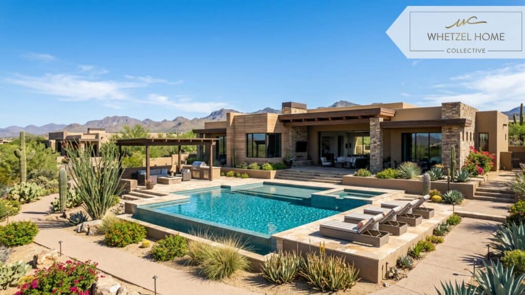 Exterior view of an upscale desert home with a private pool and well-maintained xeriscaping, clear blue sky, modern southwestern architecture, bright sunny day, photorealistic real estate photography, dynamic lighting.