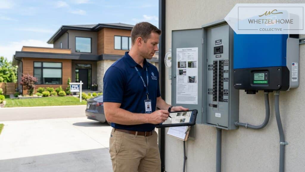 A real estate appraiser in business casual attire inspecting a home's exterior electrical panel and solar inverter, holding a digital tablet, modern house background, bright daylight, photorealistic, professional environment.