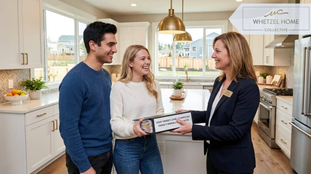 A real estate agent handing a professional binder of home manuals and warranty certificates to a smiling young couple standing in the bright, modern kitchen of a newly constructed home, warm and professional atmosphere, natural lighting, highly realistic.