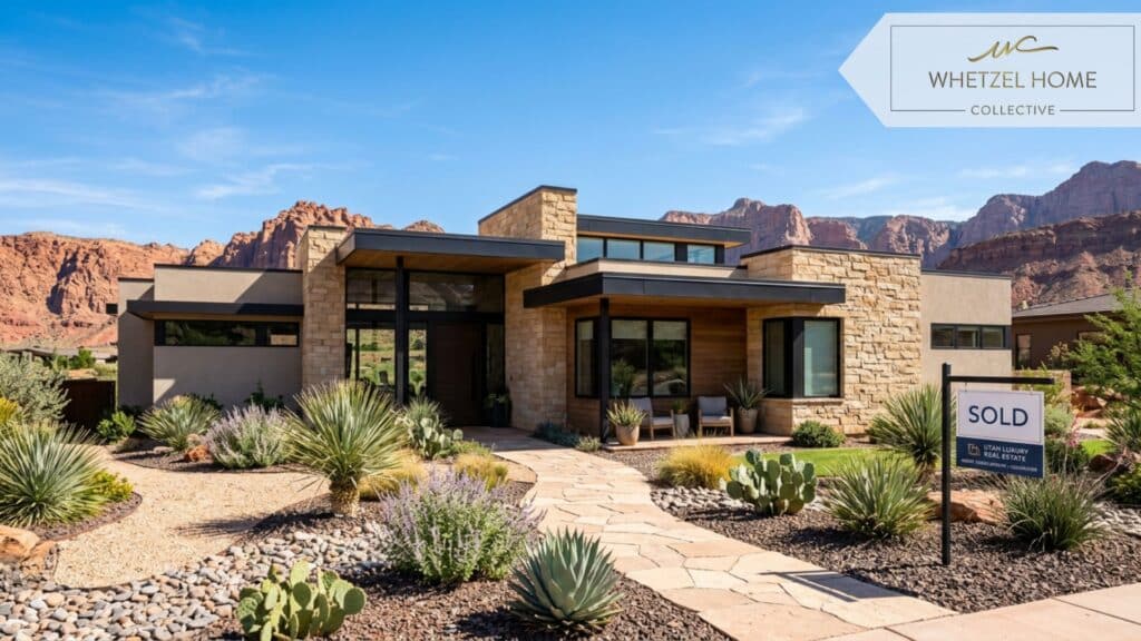 A beautiful modern single-family home with native desert landscaping typical of southern Utah, a pristine front yard with a subtle 'Sold' sign, bright blue sky, sunny day, professional architectural photography style.