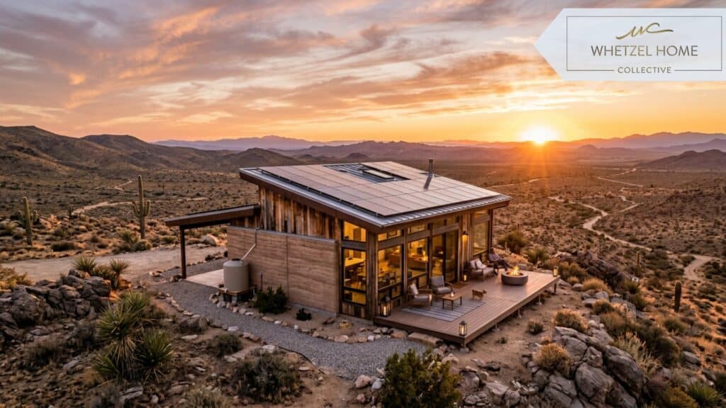 A wide-angle, photorealistic shot of an off-grid modern cabin in a vast desert landscape at sunset, featuring sleek solar panels on the roof, golden hour lighting casting long shadows, extremely detailed texture on the building materials, warm and inviting mood.