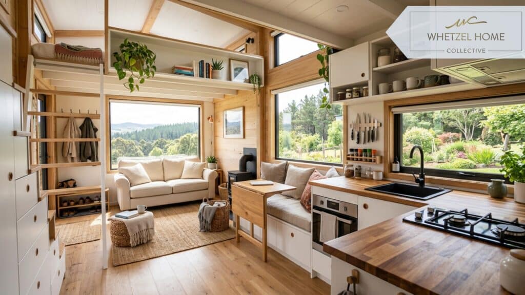 A bright, wide-angle interior photograph of a highly efficient tiny home living space. Features include a compact modern kitchen with butcher block counters, clever built-in storage, and a cozy seating area. Lots of natural light streaming through large windows, modern minimalist aesthetic, highly detailed.