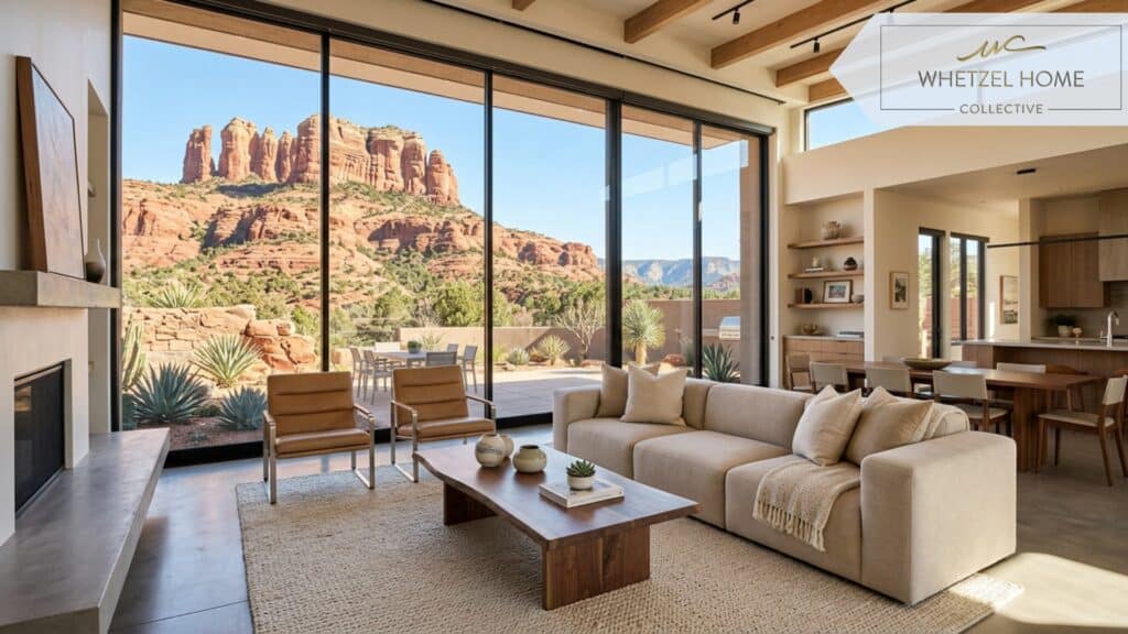 Modern open-concept living room inside a luxury desert home, expansive floor-to-ceiling windows showcasing stunning red rock landscapes outside, minimalist contemporary furniture, warm neutral color palette, brilliant natural lighting, architectural interior photography, photorealistic.