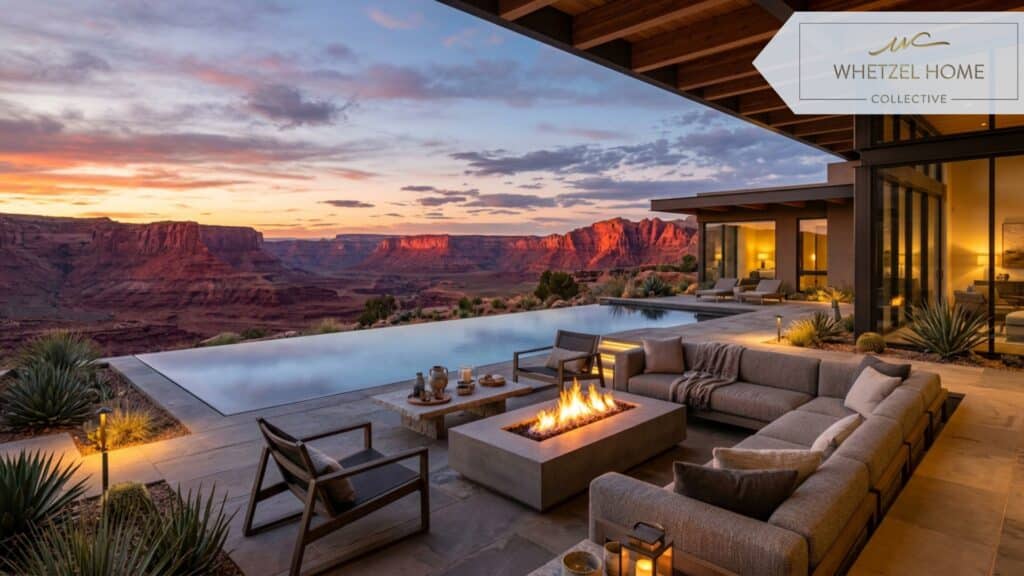 An expansive luxury outdoor patio of a desert home at sunset. The patio features a modern fire pit with a gentle flame, high-end lounge seating, and a sleek infinity pool. The view overlooks a vast expanse of protected state park land with deep red rock canyons glowing in the twilight. Soft ambient lighting, serene mood, hyper-realistic architectural photography.