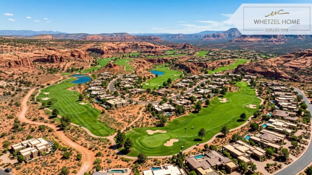 A high-altitude aerial drone shot of a lush green 18-hole golf course winding its way through a red rock desert landscape. Luxury southwestern style homes with flat roofs border the fairways. Sunny day, vibrant contrast between the emerald green grass and the striking red earth, highly detailed, photorealistic.