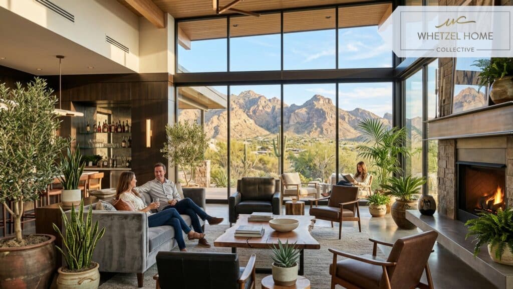An upscale community clubhouse interior featuring large floor-to-ceiling windows viewing spectacular desert mountains, comfortable high-end seating areas, indoor greenery, highly detailed, bright natural light, photorealistic, modern design