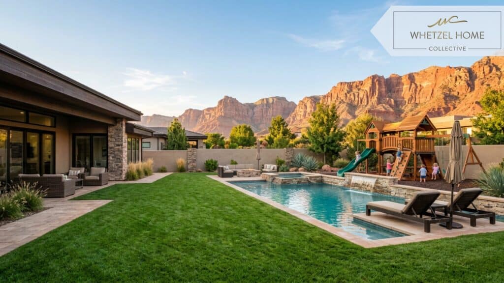 A spacious, modern residential backyard in Southern Utah. The yard features a lush green lawn, a custom swimming pool with a small water feature, and a high-end wooden children's playset. Stunning red rock mountains are visible over the back wall. Warm afternoon sunshine, serene and inviting mood, photorealistic architectural photography.