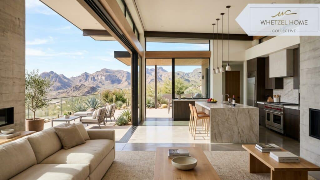 A bright, photorealistic interior shot of a luxurious, modern open-concept kitchen and living room. Large sliding floor-to-ceiling glass doors are wide open, seamlessly connecting the indoor space to an outdoor patio. The patio overlooks breathtaking desert mountains. Natural sunlight pouring in, high-end minimalist furniture, elegant stone countertops, lifestyle architectural photography.