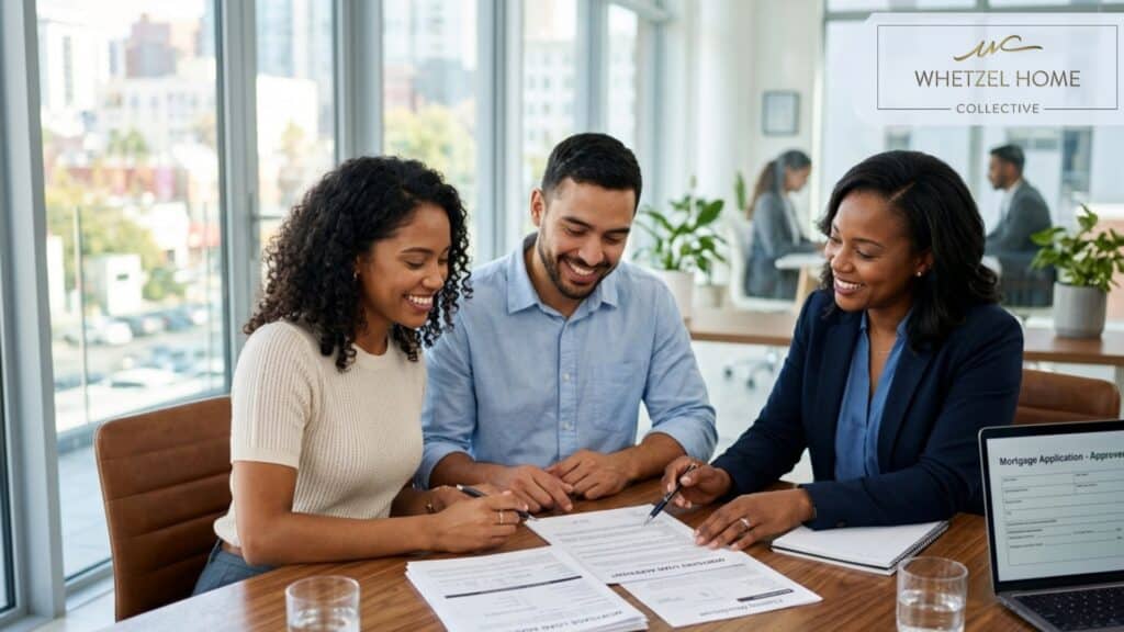 A photorealistic image of a diverse young couple sitting at a sleek wooden desk in a brightly lit modern office, smiling as they review official mortgage documents with a professional loan officer, soft natural lighting streaming through large glass windows, professional and optimistic mood